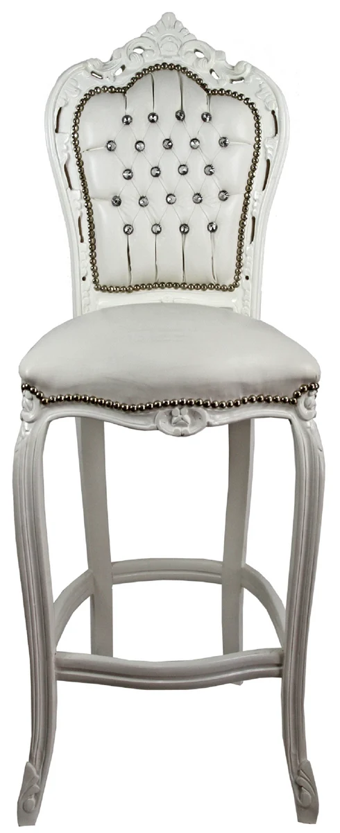 Casa Padrino Barock Barstuhl mit Kunstleder und Glitzersteinen Creme / Weiß 60 x 55 x H. 146 cm - Handgefertigter Hochstuhl - Barhocker - Barock Barmöbel