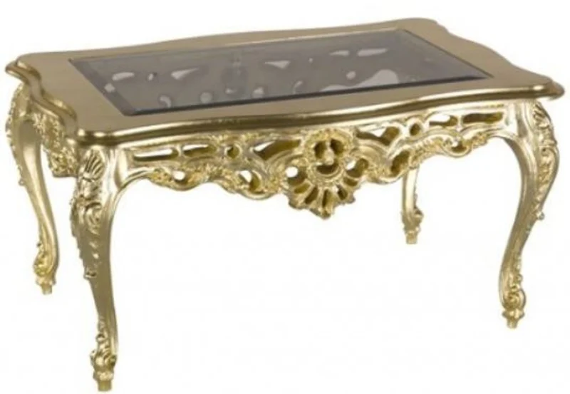 Casa Padrino Luxus Barock Couchtisch Gold 84 x 44 x H. 57 cm - Prunkvoller Wohnzimmertisch mit Glasplatte - Barock Wohnzimmer Möbel - Luxus Qualität - Made in Italy