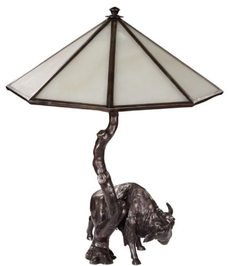 Casa Padrino Luxus Tischleuchte mit Bronzefigur Bison Bronze / Weiß 42 x 42 x H. 50 cm - Luxus Kollektion