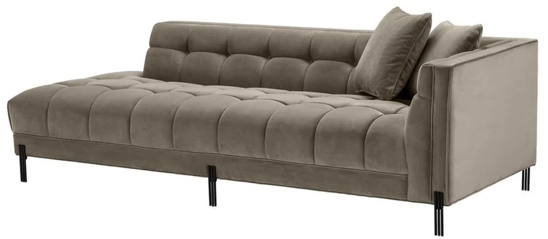 Casa Padrino Luxus Lounge Sofa Greige / Schwarz 223 x 95 x H. 68 cm - Rechtsseitiges Wohnzimmer Sofa mit edlem Samtsoff und 2 Kissen