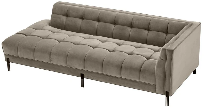 Casa Padrino Luxus Lounge Sofa Greige / Schwarz 223 x 95 x H. 68 cm - Rechtsseitiges Wohnzimmer Sofa mit edlem Samtsoff und 2 Kissen