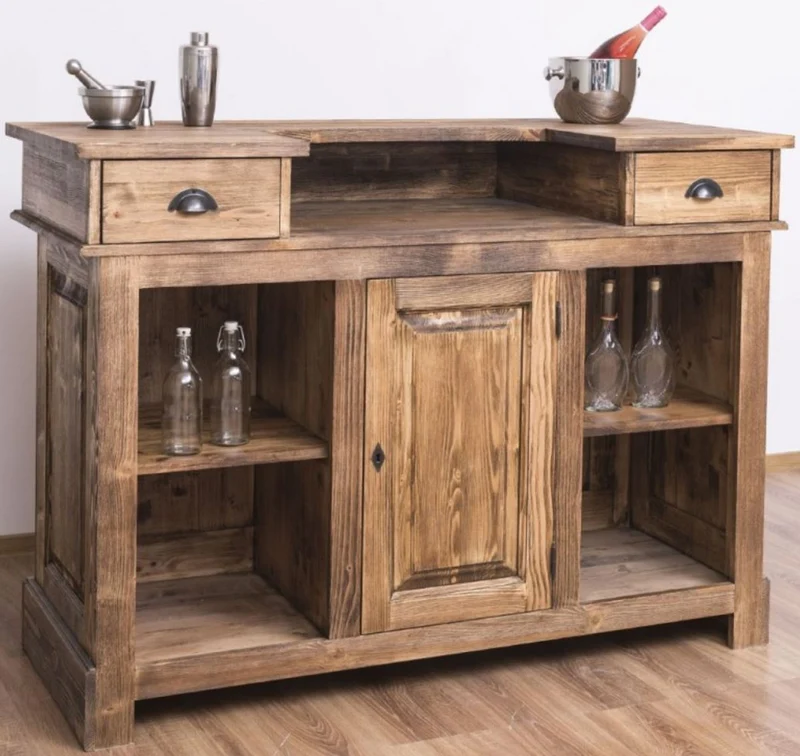 Casa Padrino Landhausstil Theke Braun 150 x 65 x H. 107 cm - Massivholz Thekentisch mit Tür und 2 Schubladen - Barmöbel im Landhausstil