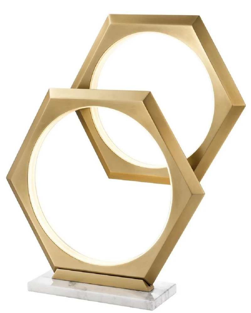 Casa Padrino Luxus LED Tischleuchte Antik Messing / Weiß 52 x 14 x H. 58 cm - Dimmbare Designer Tischlampe mit Marmorsockel - Luxus Kollektion