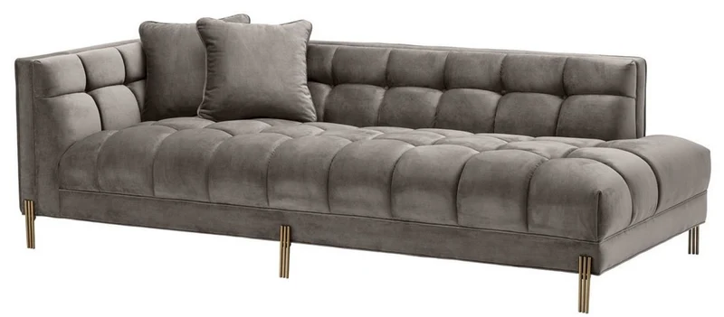 Casa Padrino Luxus Lounge Sofa Grau - Greige / Messingfarben 223 x 95 x H. 68 cm - Linksseitiges Wohnzimmer Sofa mit edlem Samtsoff und 2 Kissen