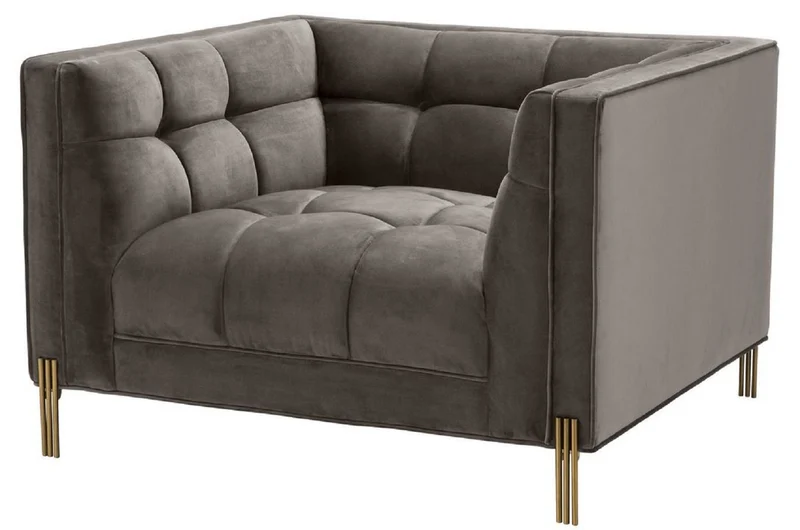 Casa Padrino Luxus Samt Sessel mit 2 Kissen Grau / Messingfarben 104 x 95 x H. 68 cm - Luxus Wohnzimmer Möbel
