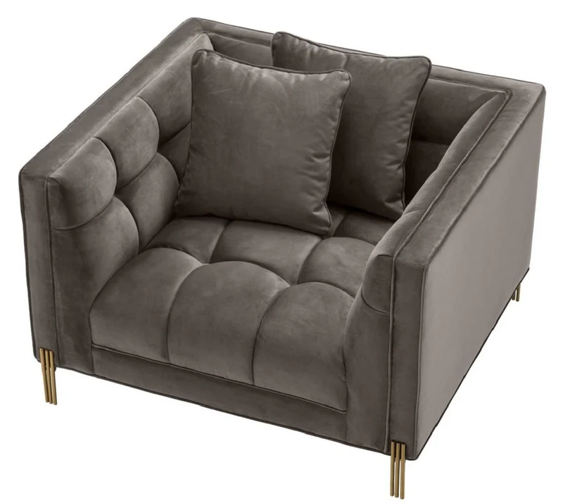 Casa Padrino Luxus Samt Sessel mit 2 Kissen Grau / Messingfarben 104 x 95 x H. 68 cm - Luxus Wohnzimmer Möbel
