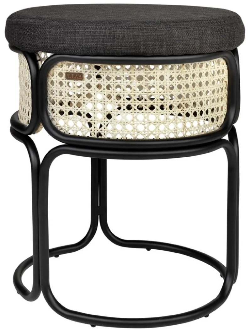 Casa Padrino Designer Hocker Schwarz / Naturfarben Ø 40,5 x H. 49 cm - Runder gepolsterter Sitzhocker mit edlem Rattangeflecht und pulverbeschichtetem Stahlrahmen