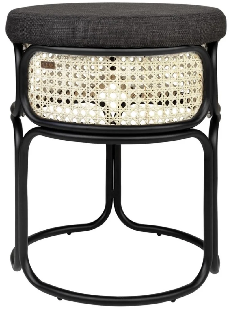 Casa Padrino Designer Hocker Schwarz / Naturfarben Ø 40,5 x H. 49 cm - Runder gepolsterter Sitzhocker mit edlem Rattangeflecht und pulverbeschichtetem Stahlrahmen