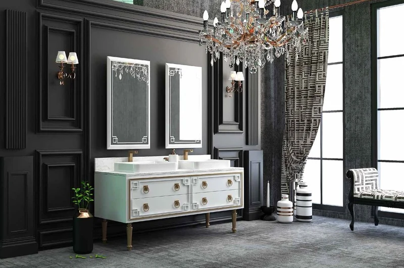 Casa Padrino Luxus Badezimmer Set Weiß / Gold - 1 Waschtisch mit 4 Schubladen und 2 Waschbecken und 2 Wandspiegel - Luxus Badezimmermöbel