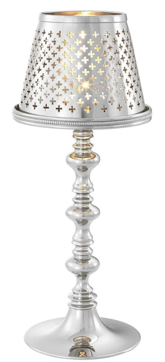 Casa Padrino Luxus Messing Teelichthalter mit Lampenschirm Silber Ø 16 x H. 39 cm - Deko Accessoires
