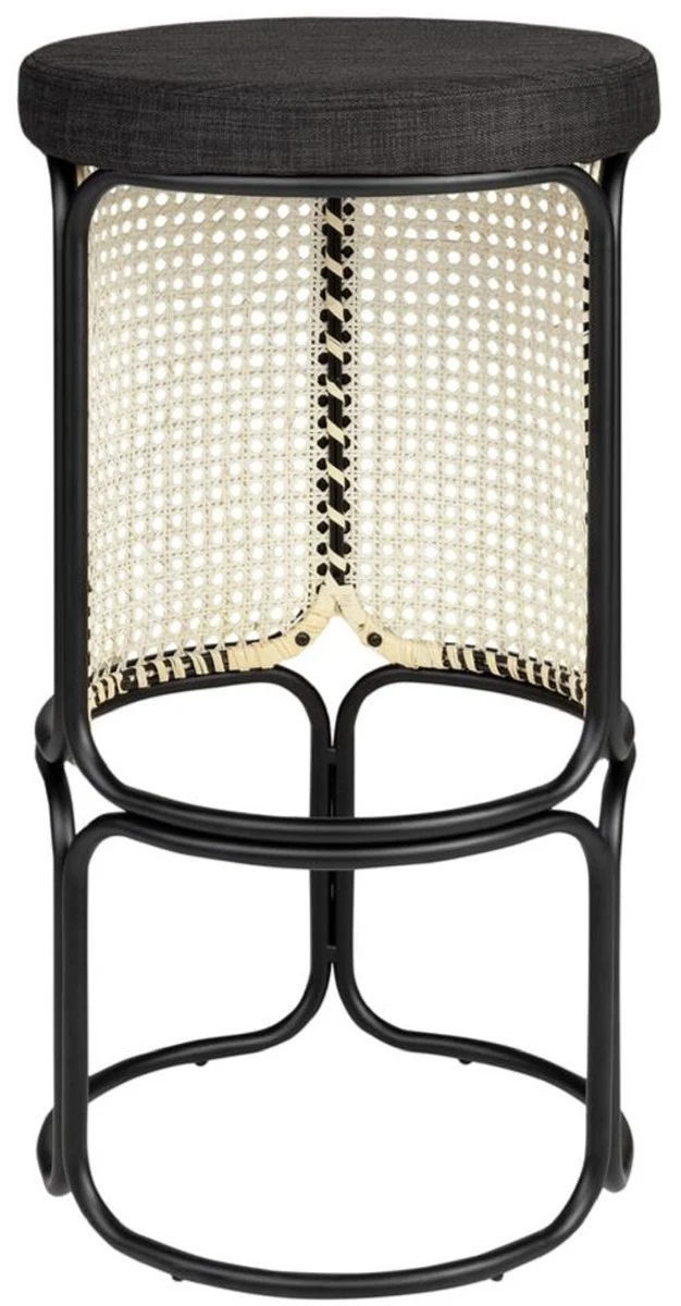 Casa Padrino Designer Barhocker Schwarz / Naturfarben Ø 40,5 x H. 75,5 cm - Runder gepolsterter Barstuhl mit edlem Rattangeflecht und pulverbeschichtetem Stahlrahmen