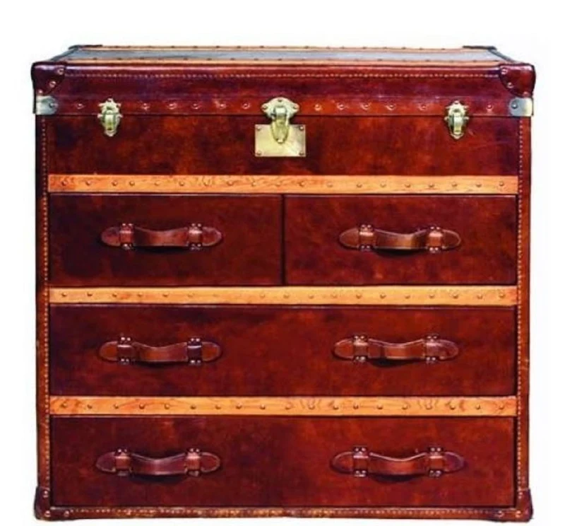 Casa Padrino Luxus Art Deco Kommode Vintage Braun 107 x 53 x H. 102 cm - Handgefertigte Echtleder Truhe mit 4 Schubladen und Deckel
