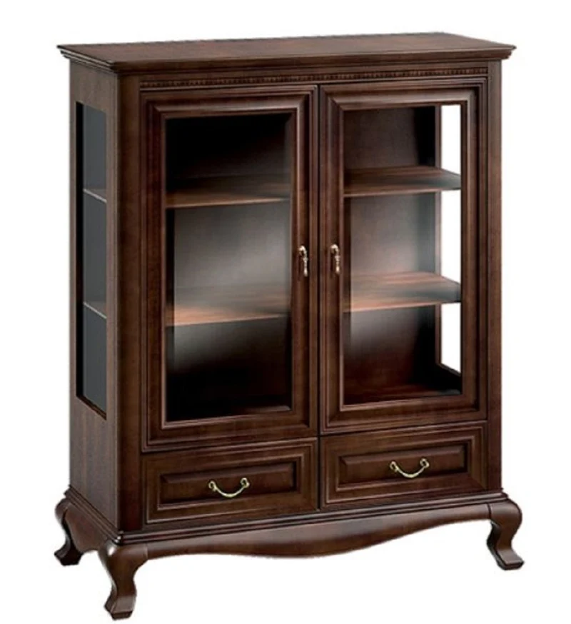 Casa Padrino Luxus Jugendstil Wohnzimmerschrank Dunkelbraun 105,3 x 45,6 x H. 129,9 cm - Massivholz Schrank mit 2 Glastüren und 2 Schubladen