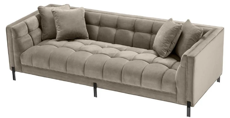 Casa Padrino Luxus Samt Sofa mit 4 Kissen Greige / Schwarz 231 x 95 x H. 68 cm - Wohnzimmer Sofa - Luxus Qualität