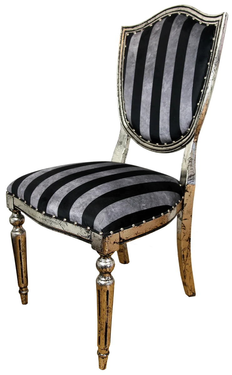 Casa Padrino Art Deco Luxus Esszimmer Stuhl Schwarz Silber Streifen / Antik Stil Silber 52,5 x 59 x H. 104 cm - Luxus Hotel Möbel