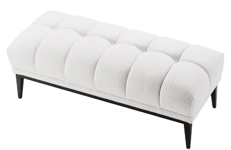 Casa Padrino Luxus Sitzbank Weiß / Schwarz 124 x 53 x H. 44 cm - Gepolsterte Bank mit Edelstahl Beinen - Wohnzimmer Möbel