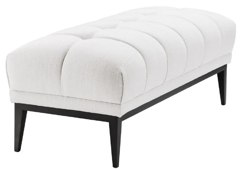 Casa Padrino Luxus Sitzbank Weiß / Schwarz 124 x 53 x H. 44 cm - Gepolsterte Bank mit Edelstahl Beinen - Wohnzimmer Möbel