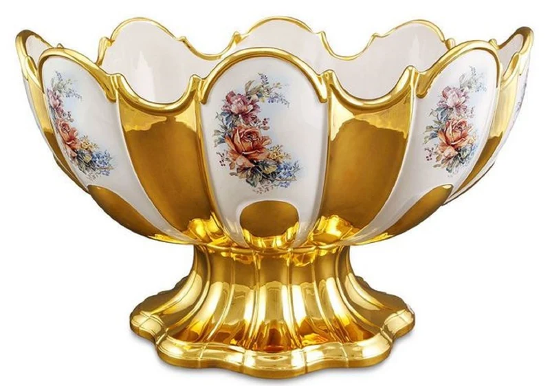 Casa Padrino Barock Schüssel mit Blumen Design Gold / Weiß / Mehrfarbig 52 x 42 x H. 32 cm - Prunkvolle handgefertigte & von Hand bemalte Keramik Schüssel veredelt mit 24 Karat Gold