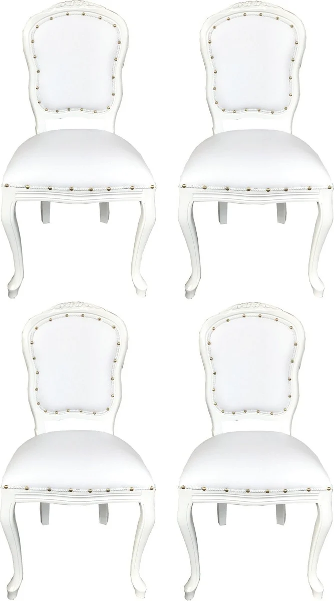 Casa Padrino Luxus Barock Esszimmer Set Weiß / Weiß 55 x 54 x H. 103 cm - 4 handgefertigte Esszimmerstühle mit Kunstleder - Barock Esszimmermöbel