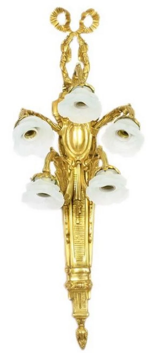 Casa Padrino Barock Wandleuchten Set Gold / Weiß 35 x 25 x H. 95 cm - Prunkvolle vergoldete Bronze Wandlampen mit rosenförmigen Glas Lampenschirmen