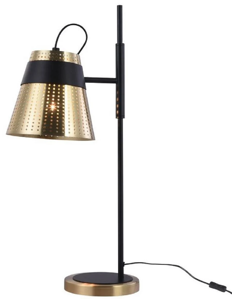 Casa Padrino Tischleuchte Antik Gold / Schwarz 17,5 x 26 x H. 55,5 cm - Moderne Tischlampe mit Lampenschirm aus perforiertem Metall