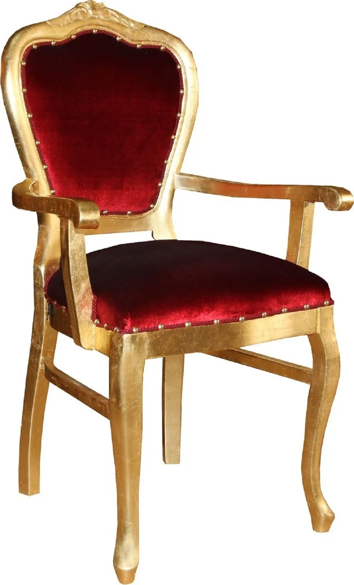 Casa Padrino Luxus Barock Esszimmer Set Bordeauxrot / Gold 60 x 47 x H. 99 cm - 4 handgefertigte Esszimmerstühle mit Armlehnen - Barock Esszimmermöbel