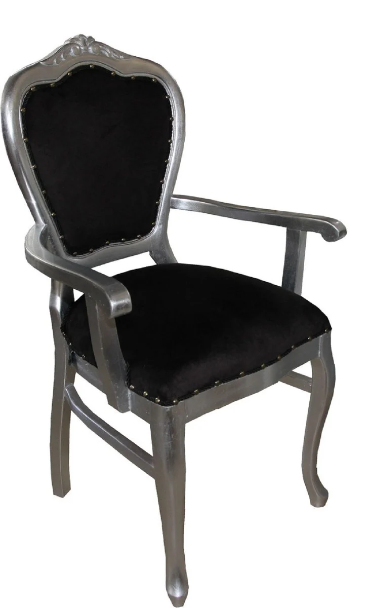Casa Padrino Luxus Barock Esszimmer Set Schwarz / Silber 60 x 47 x H. 99 cm - 6 handgefertigte Esszimmerstühle mit Armlehnen - Barock Esszimmermöbel