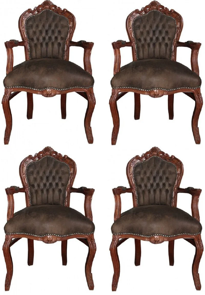 Casa Padrino Barock Esszimmer Set Braun / Braun Lederoptik 53 x 57 x H. 108 cm - 4 handgefertigte Esszimmerstühle mit Armlehnen - Barockmöbel