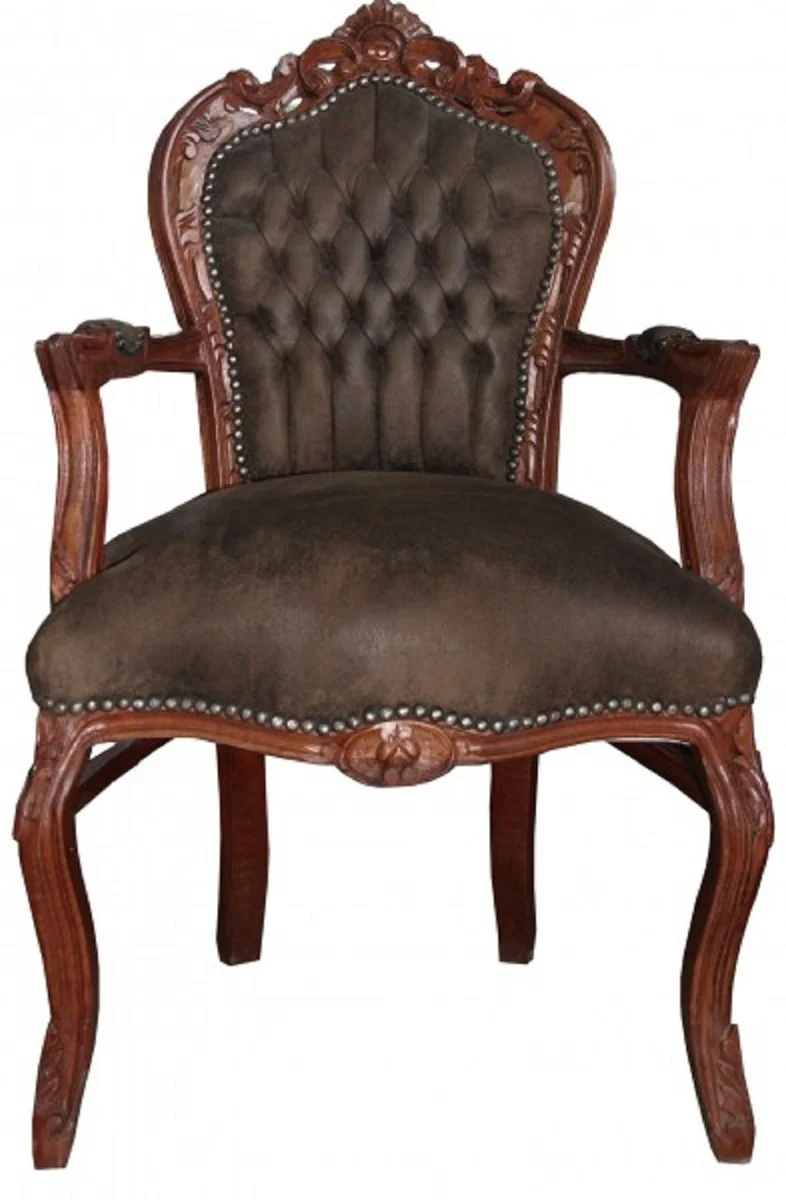 Casa Padrino Barock Esszimmer Set Braun / Braun Lederoptik 53 x 57 x H. 108 cm - 4 handgefertigte Esszimmerstühle mit Armlehnen - Barockmöbel