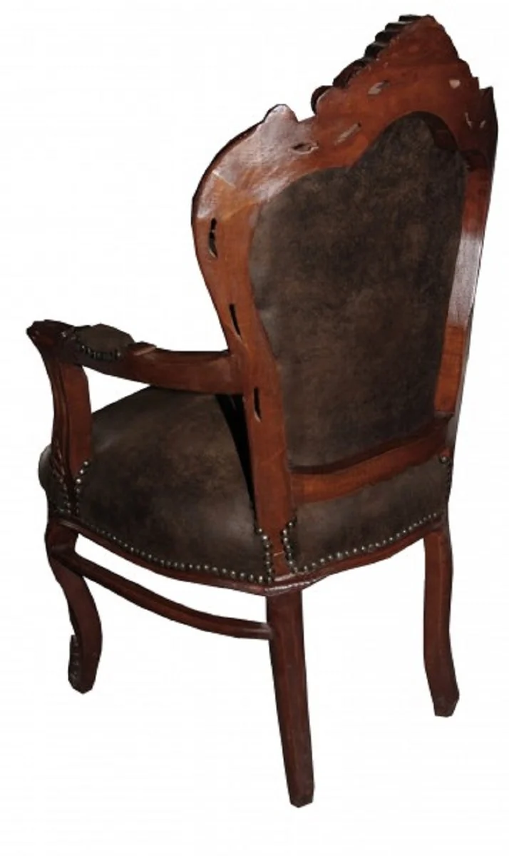 Casa Padrino Barock Esszimmer Set Braun / Braun Lederoptik 53 x 57 x H. 108 cm - 4 handgefertigte Esszimmerstühle mit Armlehnen - Barockmöbel