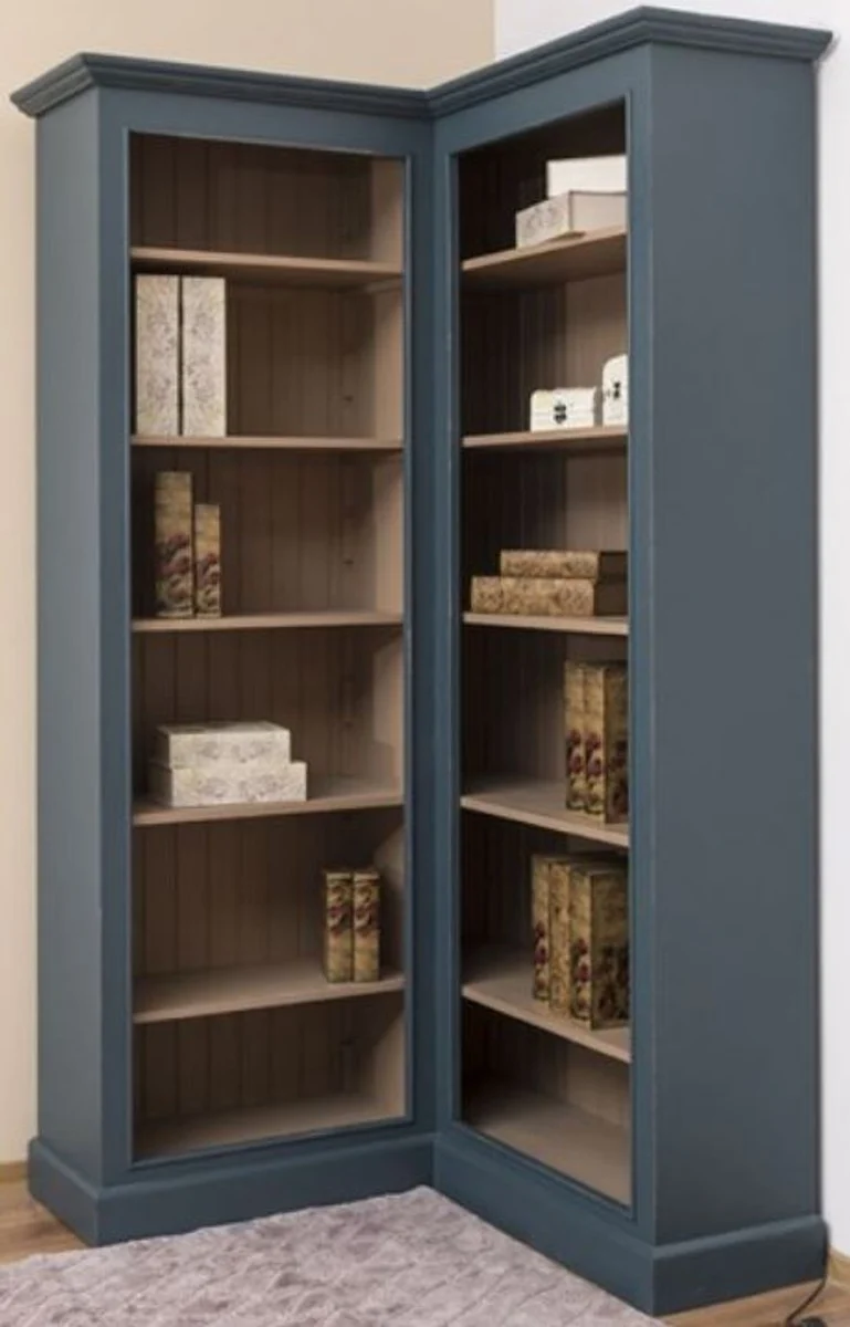Casa Padrino Landhausstil Eckschrank Blau / Beige 102 x 102 x H. 210 cm - Massivholz Bücherschrank - Landhausstil Wohnzimmer Möbel