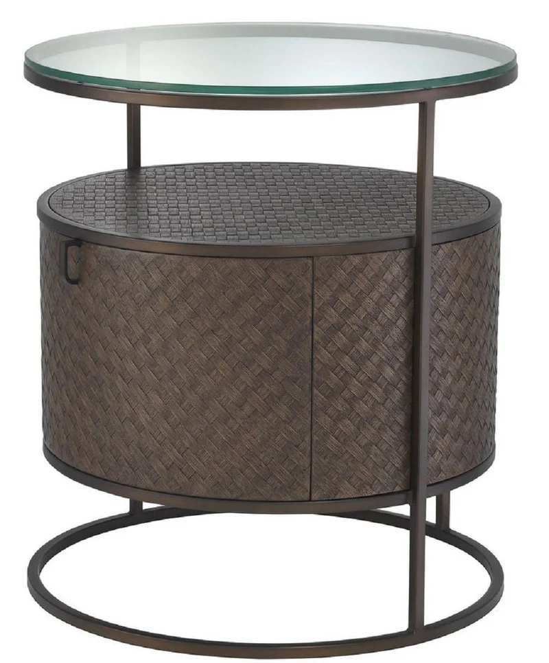 Casa Padrino Luxus Nachttisch Bronze Ø 50 x H. 56 cm - Runder Beistelltisch mit Schublade und Glasplatte - Luxus Schlafzimmermöbel