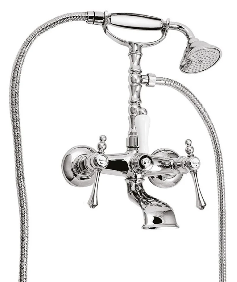 Casa Padrino Jugendstil Badewannen Armatur mit Brause Silber / Weiß H. 35,5 cm - Nostalgisches Bad Zubehör - Erstklassische Qualität - Made in Italy