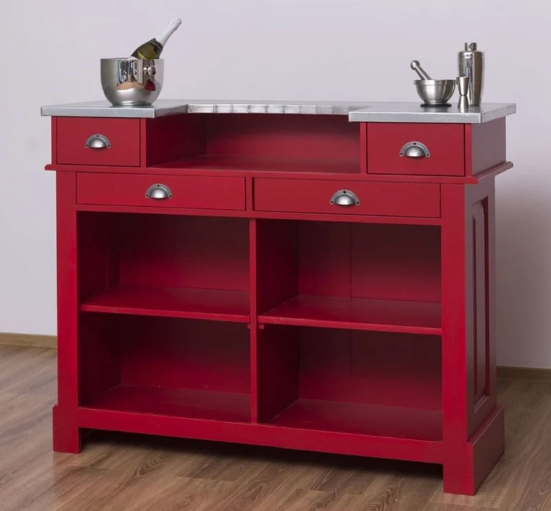 Casa Padrino Landhausstil Theke Rot / Silber 140 x 51 x H. 107 cm - Massivholz Thekentisch mit verzinkter Tischplatte - Möbel im Landhausstil