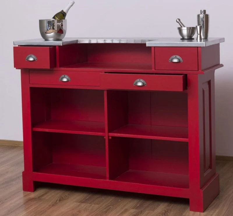 Casa Padrino Landhausstil Theke Rot / Silber 140 x 51 x H. 107 cm - Massivholz Thekentisch mit verzinkter Tischplatte - Möbel im Landhausstil