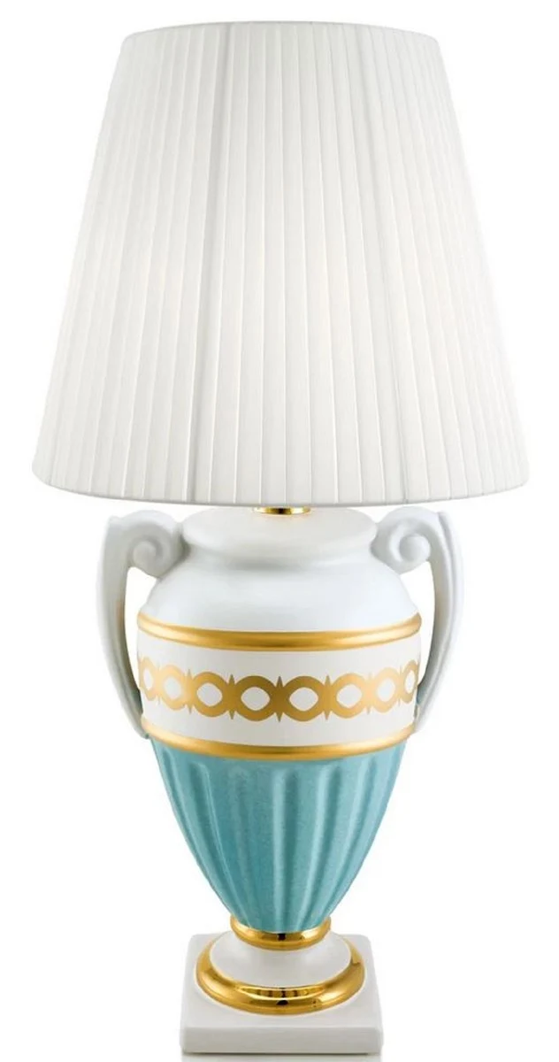 Casa Padrino Barock Tischleuchte Weiß / Türkis / Gold Ø 40 x H. 75 cm - Wohnzimmer Keramik Lampe im Barockstil