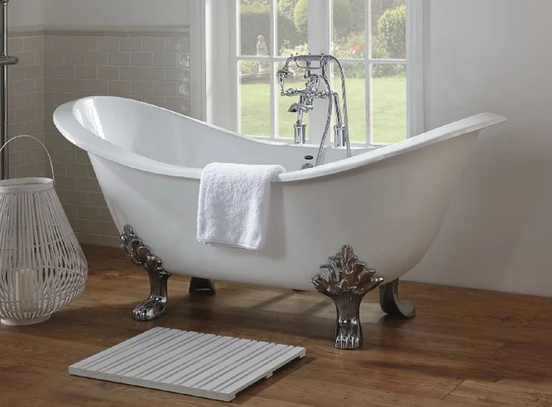Casa Padrino Luxus Jugendstil Badewanne Weiß / Silber 180 x 77 x H. 79 cm - Gebogene freistehende Acryl Badewanne mit Löwenfüßen - Jugendstil Badezimmermöbel