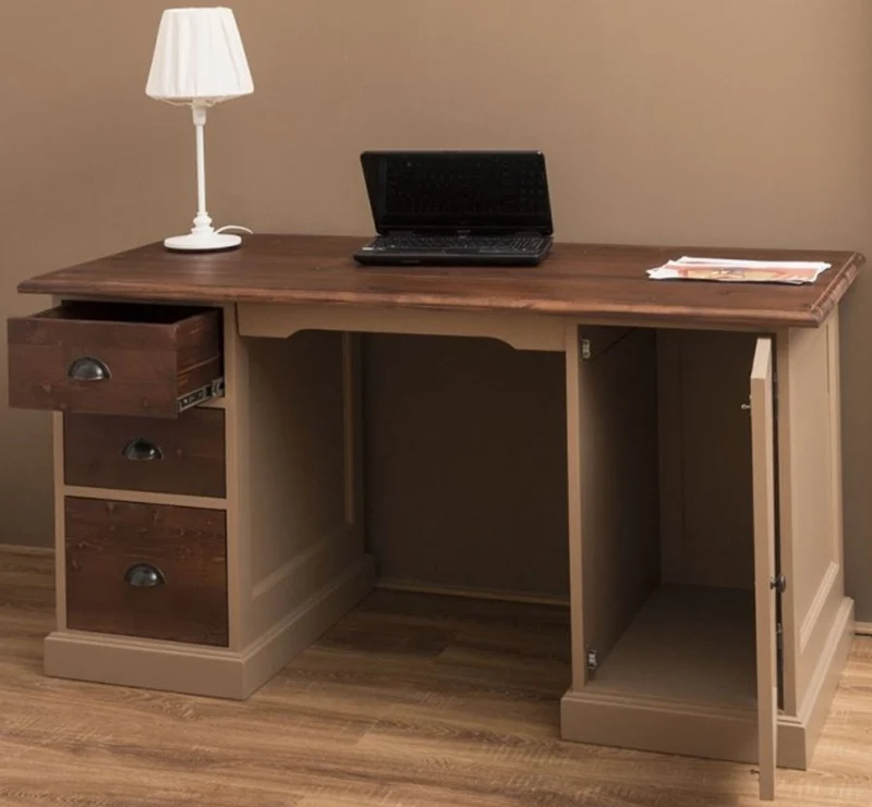 Casa Padrino Landhausstil Massivholz Schreibtisch mit Tür und 3 Schubladen Beige / Dunkelbraun 152 x 70 x H. 78 cm - Büromöbel im Landhausstil