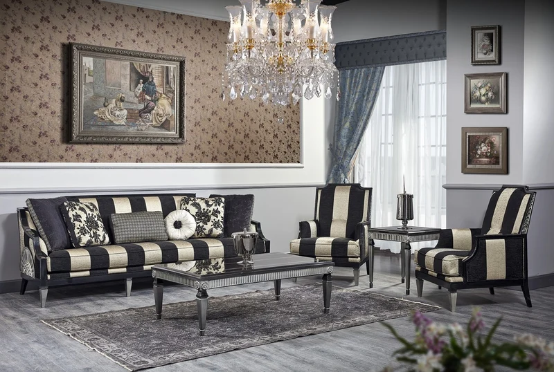 Casa Padrino Luxus Barock Wohnzimmer Set Schwarz / Gold / Silber - 1 Sofa & 2 Sessel & 1 Couchtisch & 1 Beistelltisch - Barockmöbel