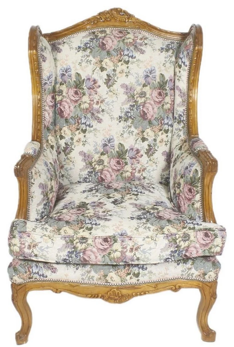 Casa Padrino Barock Ohrensessel Mehrfarbig / Braun / Gold 83 x 83 x H. 110 cm - Wohnzimmer Sessel mit Blumenmuster