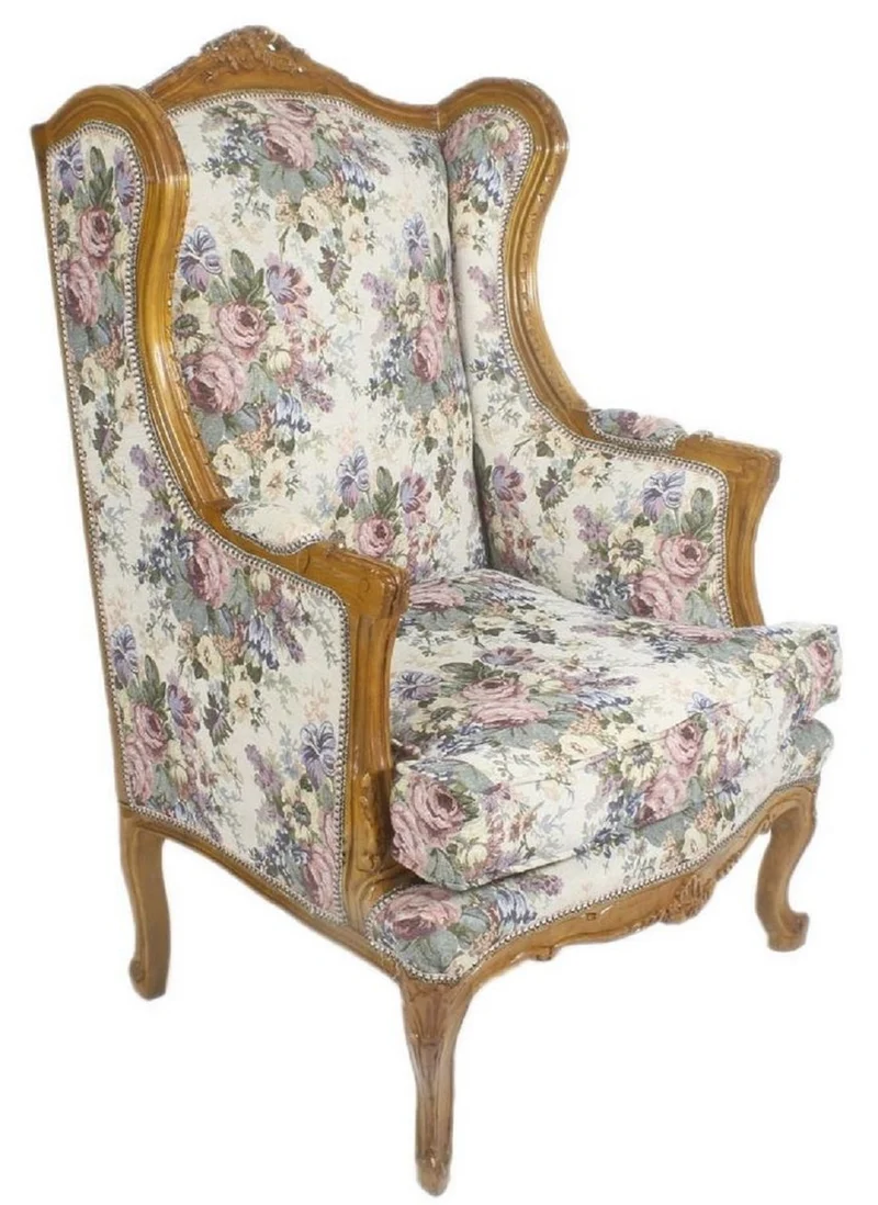 Casa Padrino Barock Ohrensessel Mehrfarbig / Braun / Gold 83 x 83 x H. 110 cm - Wohnzimmer Sessel mit Blumenmuster