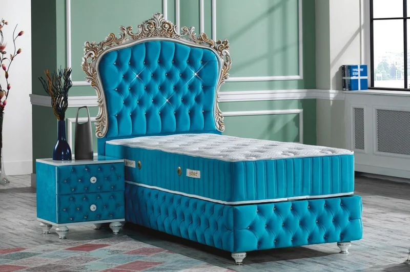 Casa Padrino Barock Einzelbett Türkis / Weiß / Antik Gold - Prunkvolles Samt Bett mit Glitzersteinen und Matratze