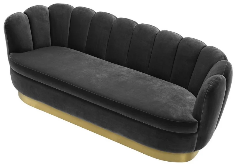 Casa Padrino Luxus Samt Sofa Dunkelgrau / Messingfarben 225 x 90 x H. 80 cm - Wohnzimmer Sofa - Luxus Qualität