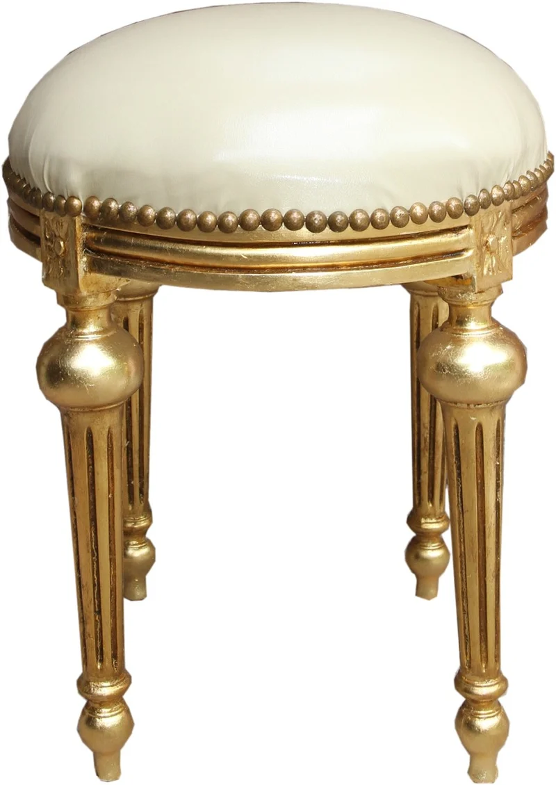 Casa Padrino Barock Sitzhocker Creme Lederoptik / Gold - Barock Rundhocker Möbel