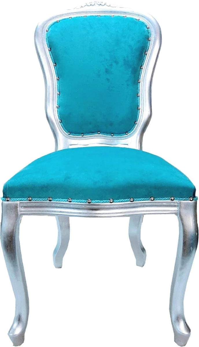 Casa Padrino Luxus Barock Esszimmer Set Türkis / Silber - 1 Esstisch mit Glasplatte und 6 Esszimmerstühle - Made in Italy - Luxury Collection