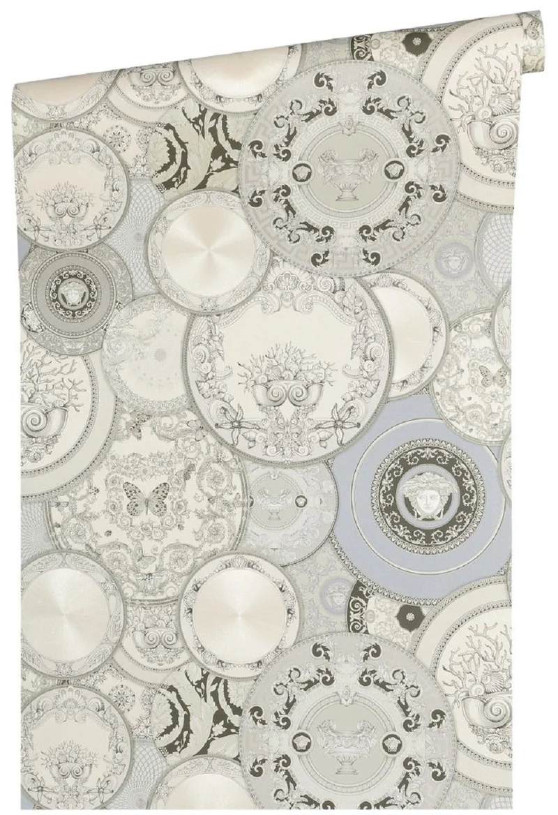 Versace Designer Barock Vliestapete 349013 Les Etoiles de la Mer 2 Grau / Silber / Weiß - Design Tapete - Hochwertige Qualität