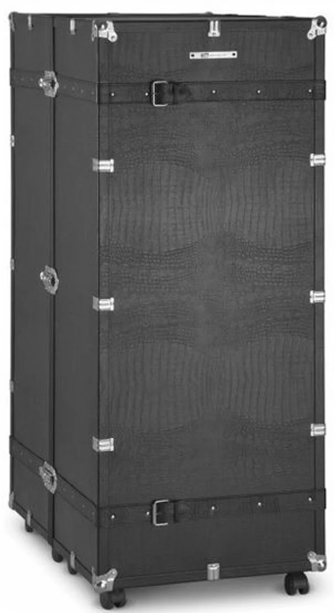 Casa Padrino Luxus Kunstleder Kofferschrank mit Rollen Schwarz / Silber 60 x 86 x H. 143 cm - Schrankkoffer im Vintage Stil - Luxus Accessoires