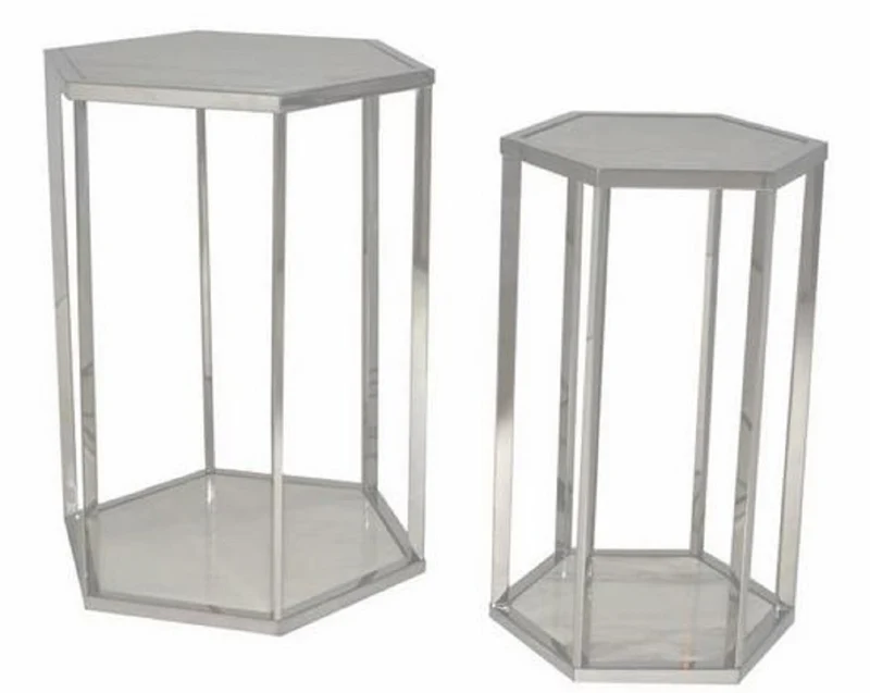 Casa Padrino Luxus Beistelltisch Set Silber / Weiß - Edelstahl Tische mit Marmorplatten - Luxus Kollektion