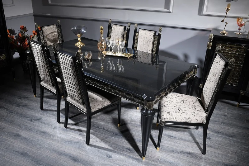 Casa Padrino Luxus Barock Esszimmer Set Silbergrau / Schwarz / Gold - 1 Esstisch und 6 Esszimmerstühle - Esszimmermöbel im Barockstil