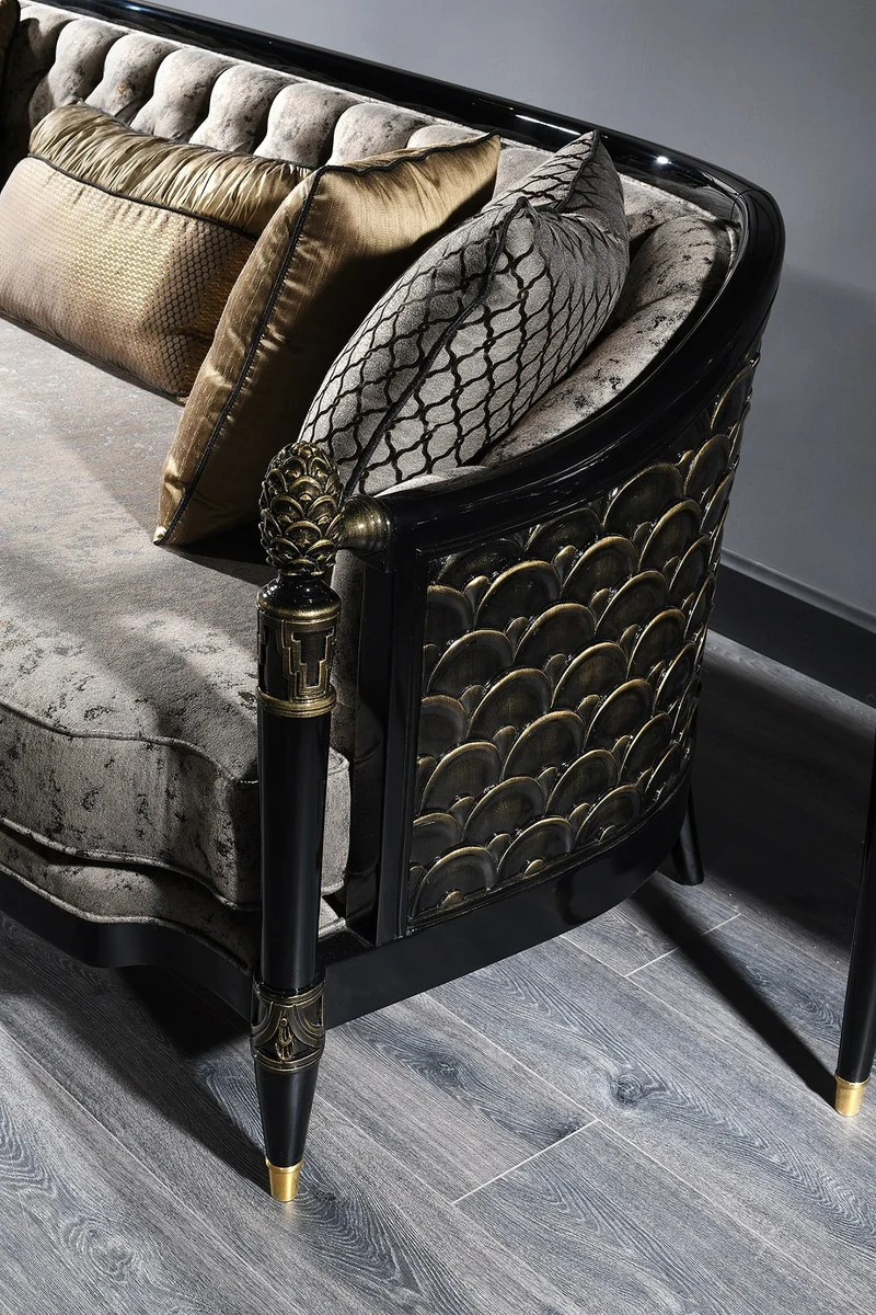 Casa Padrino Luxus Barock Chesterfield Sofa Silbergrau / Schwarz / Gold 231 x 94 x H. 83 cm - Barock Wohnzimmermöbel
